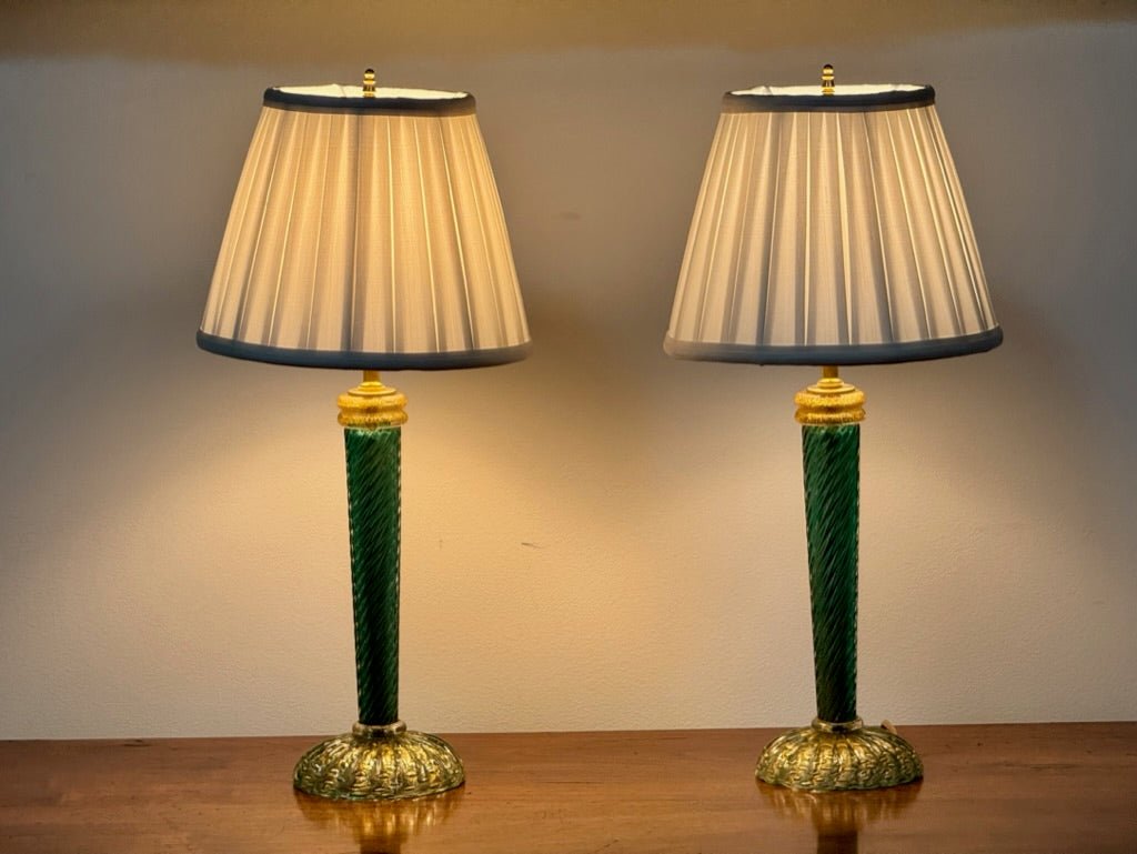 Pair twist green and gold Murano lamps - Helen Storey Antiques