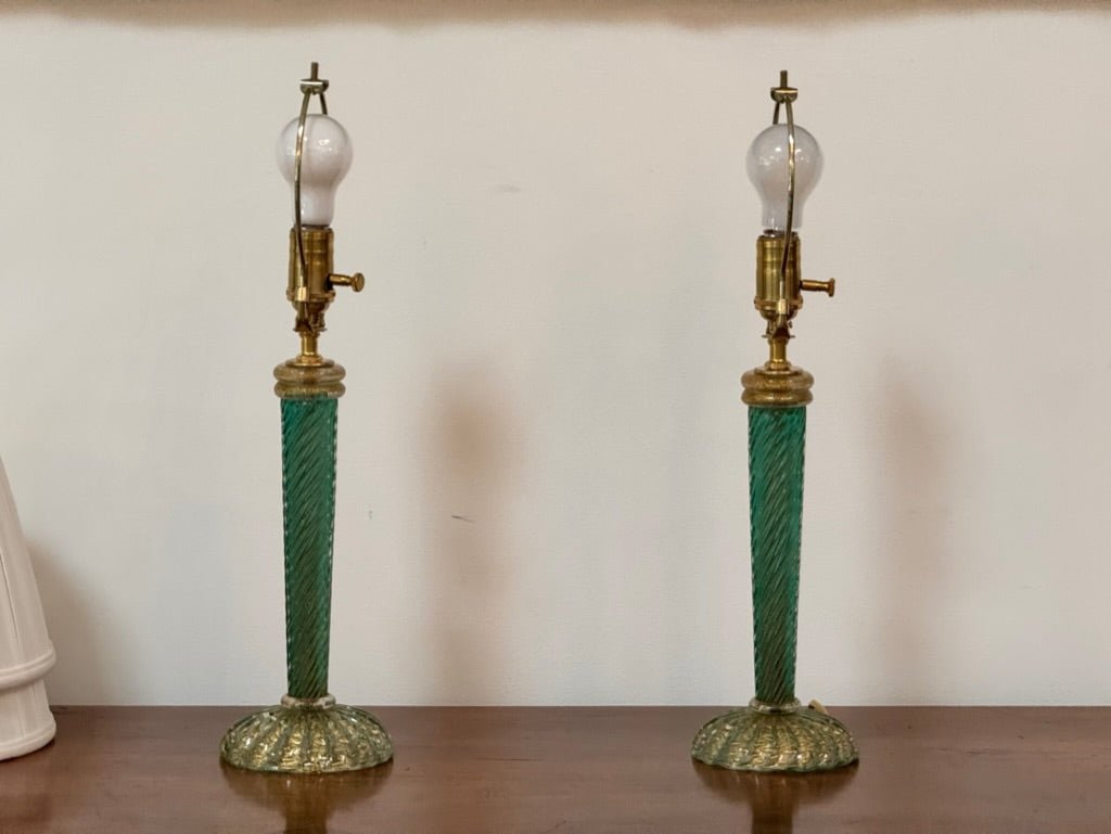 Pair twist green and gold Murano lamps - Helen Storey Antiques