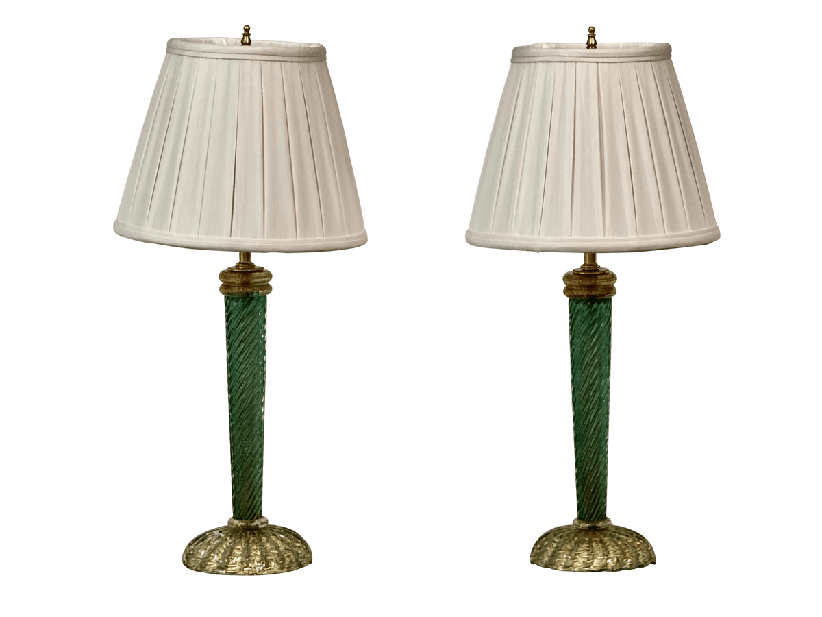 Pair twist green and gold Murano lamps - Helen Storey Antiques