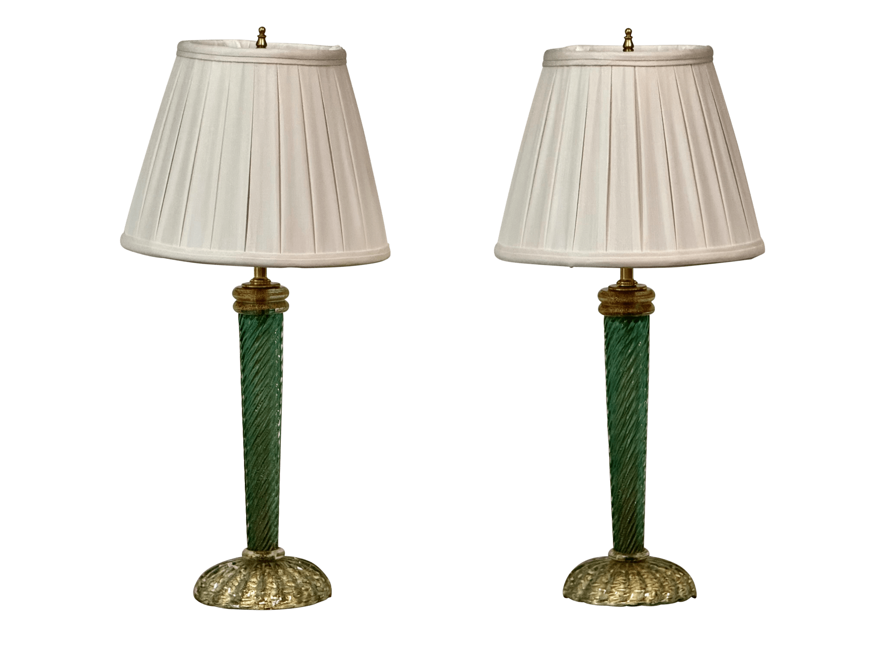 Pair twist green and gold Murano lamps