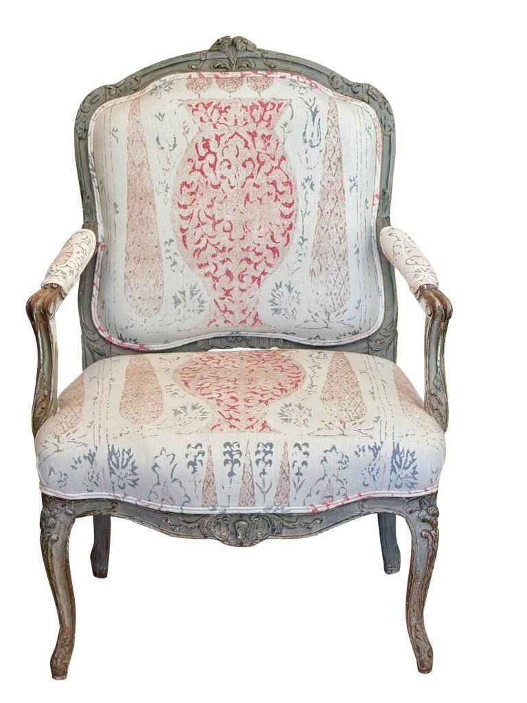 Period Louis XV polychrome Fauteuil Upholstered in Penny Morrison