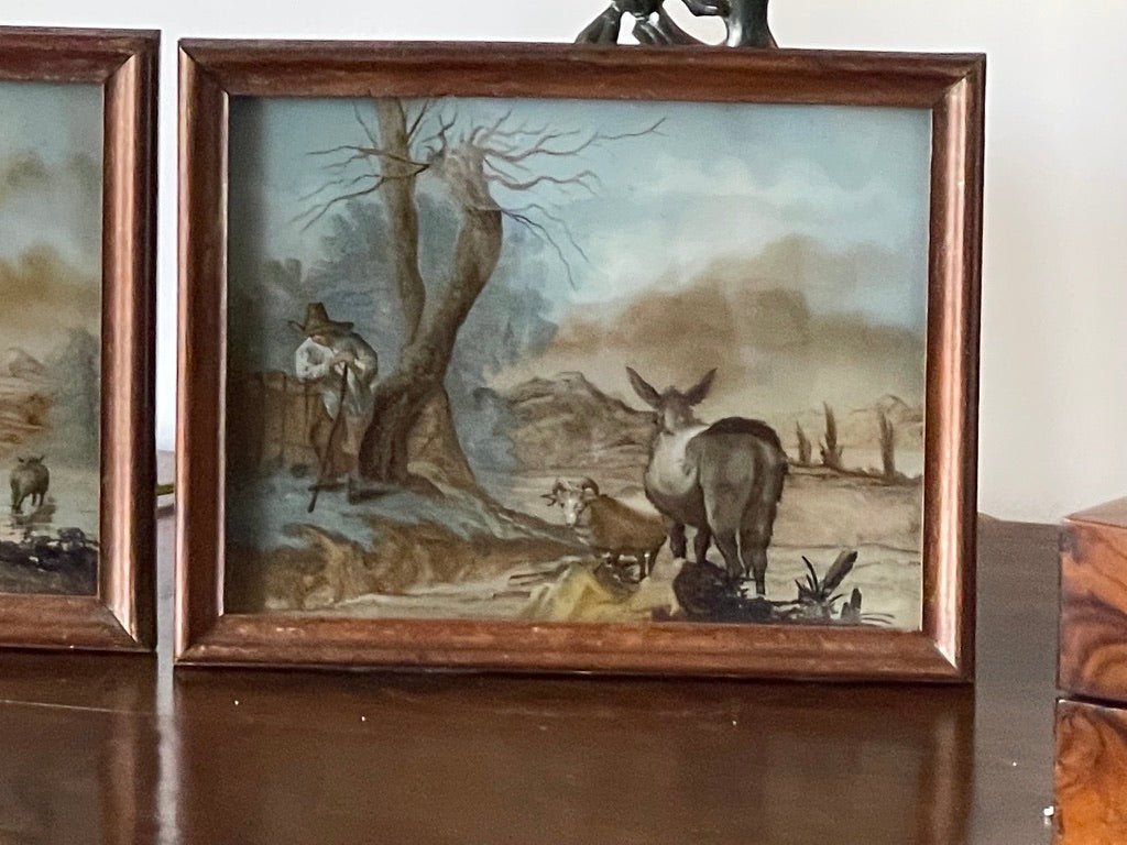 RARE Pair of 18TH CENTURY REVERSE GLASS Pastoral PAINTINGS - Helen Storey Antiques