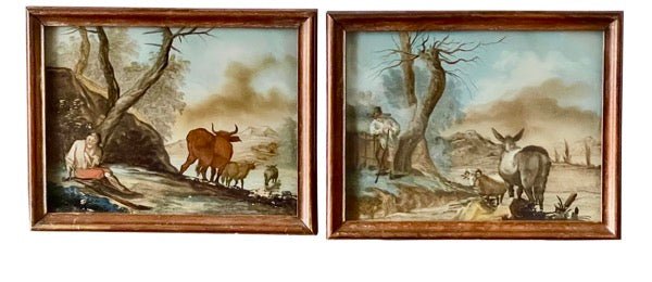 RARE Pair of 18TH CENTURY REVERSE GLASS Pastoral PAINTINGS - Helen Storey Antiques