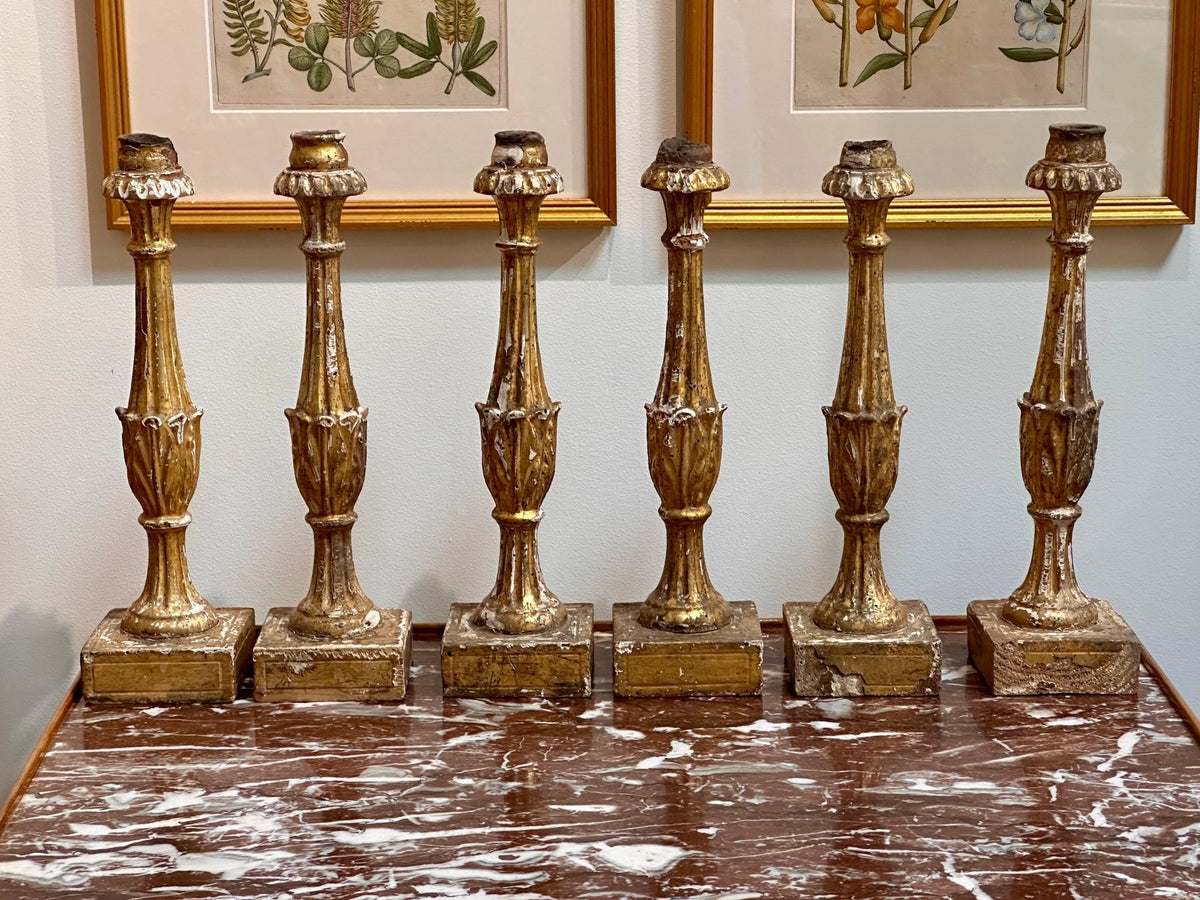 Rare set of Six Italian Carved Giltwood Candlesticks, 18th Century - Helen Storey Antiques