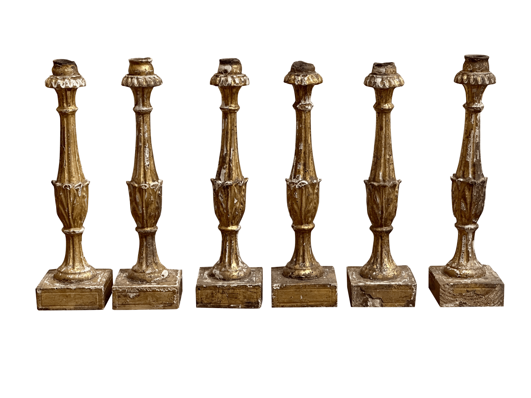 Rare set of Six Italian Carved Giltwood Candlesticks, 18th Century