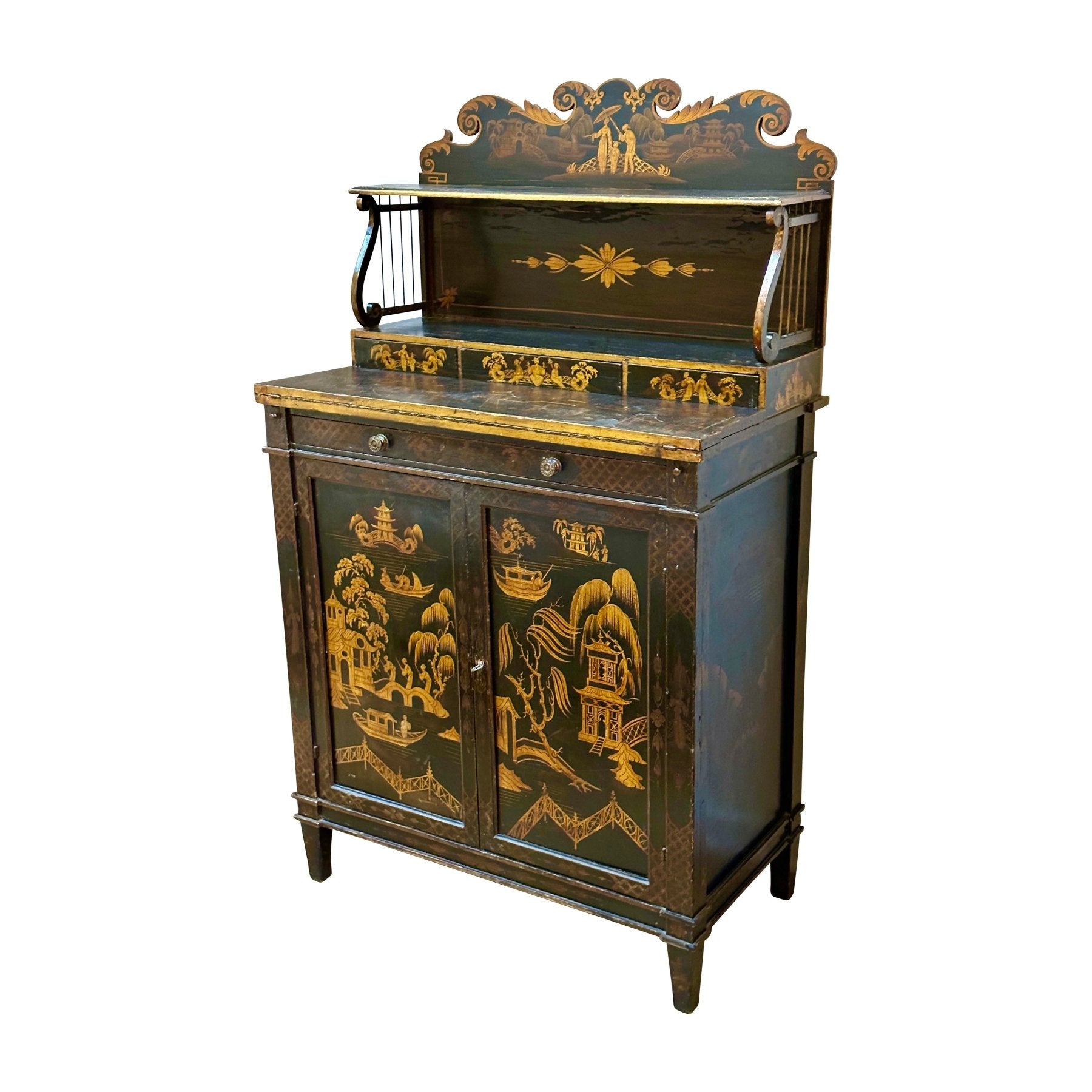 Regency Black Painted and Parcel-Gilt Chinoiserie Decorated Side Cabinet