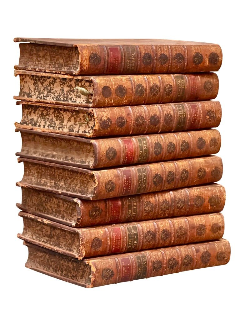 Set of 8 large French Books, Dictionaries, 18th Century Leather Bound - Helen Storey Antiques