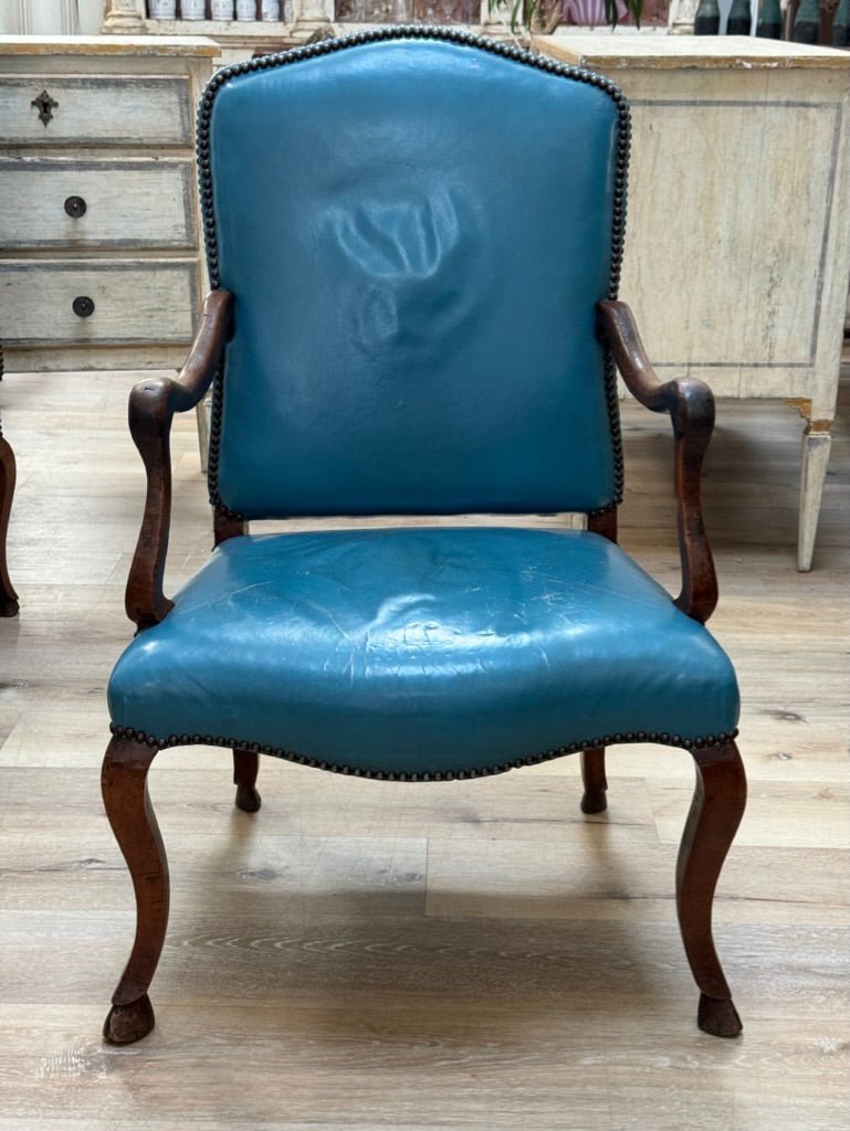 Set of Four 18th Century Italian Walnut Armchairs - blue leather upholstery - Helen Storey Antiques