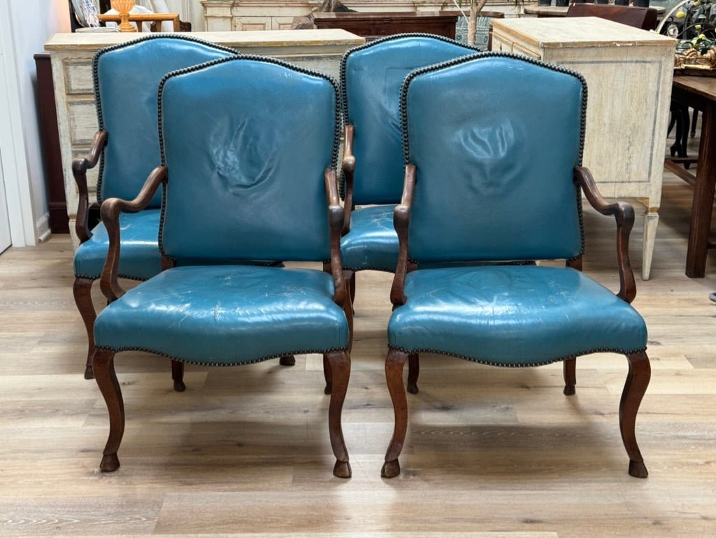 Set of Four 18th Century Italian Walnut Armchairs - blue leather upholstery - Helen Storey Antiques