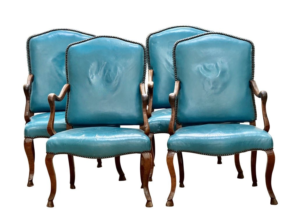 Set of Four 18th Century Italian Walnut Armchairs - blue leather upholstery