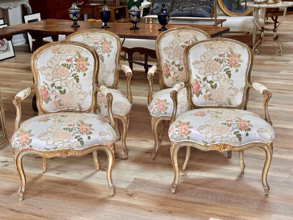 Set of four 18th Century Louis XV Fauteuils armchairs carved and polychromed - Helen Storey Antiques