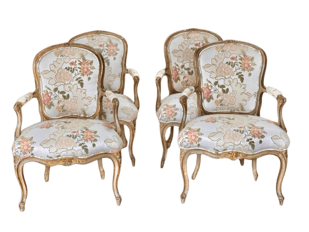 Set of four 18th Century Louis XV Fauteuils armchairs carved and polychromed - Helen Storey Antiques