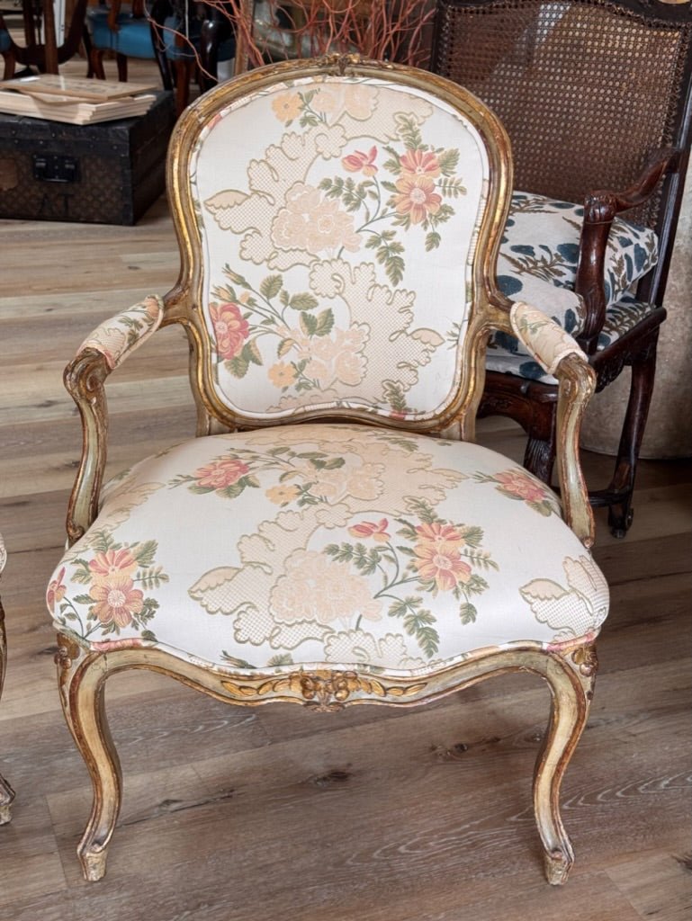 Set of four 18th Century Louis XV Fauteuils armchairs carved and polychromed - Helen Storey Antiques