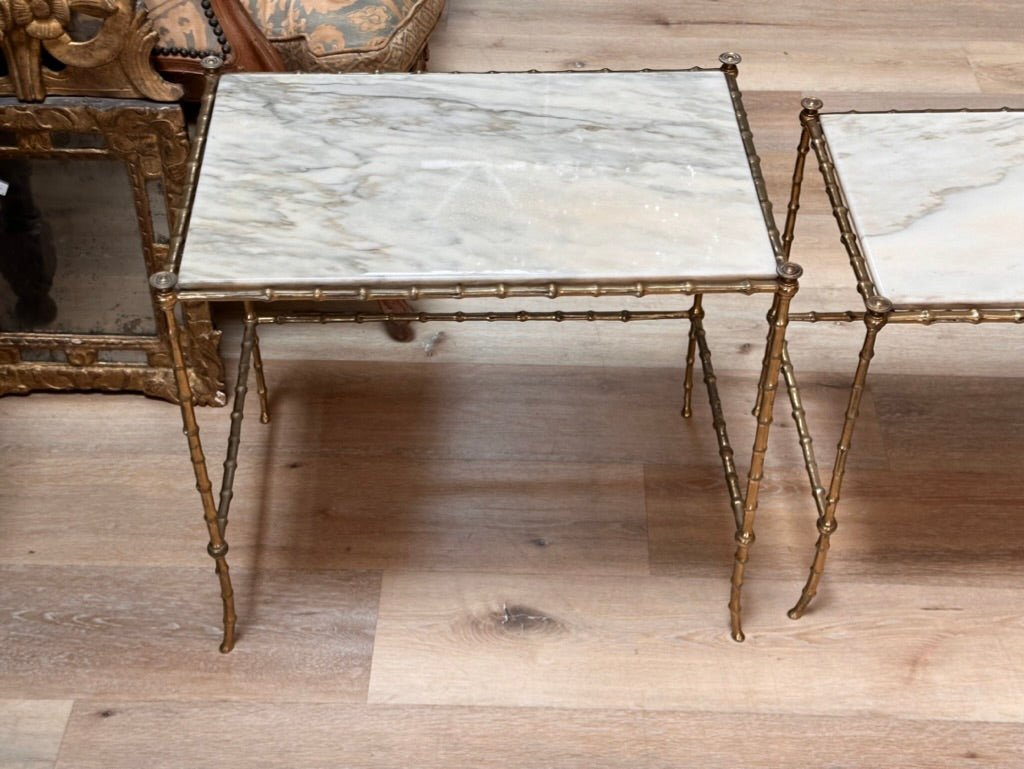 Set of Three French Mid - Century Faux - Bamboo Nesting Tables, gilt and marble - Helen Storey Antiques