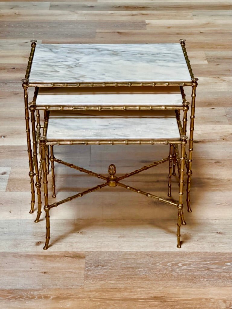 Set of Three French Mid - Century Faux - Bamboo Nesting Tables, gilt and marble - Helen Storey Antiques