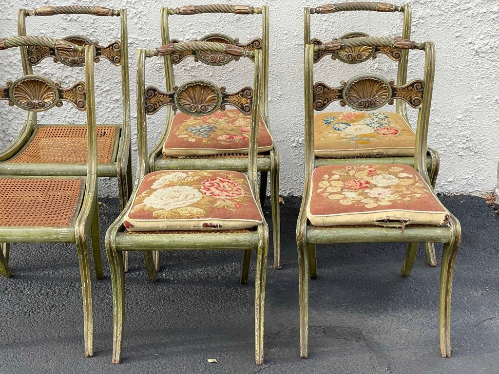 SIX ITALIAN 19TH CENTURY Painted SIDE CHAIRS WITH SHELL - CARVED BACK - Helen Storey Antiques