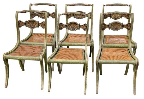 SIX ITALIAN 19TH CENTURY Painted SIDE CHAIRS WITH SHELL - CARVED BACK - Helen Storey Antiques