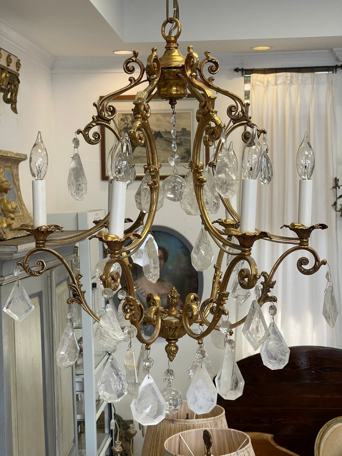 Small French Louis XV style gilt bronze and rock crystal eight light chandelier - Helen Storey Antiques