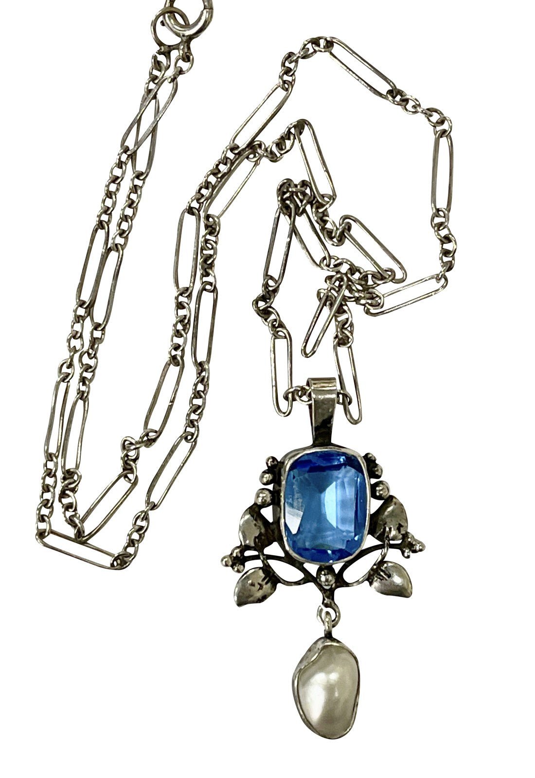 Sterling, Glass, and Pearl American Arts and Crafts Pendant Necklace - Helen Storey Antiques