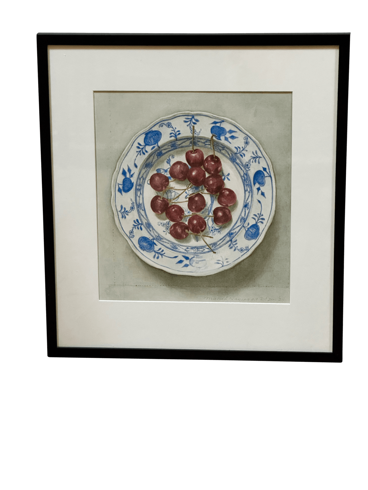 Still Life Watercolor, Bowl of Cherries - Helen Storey Antiques