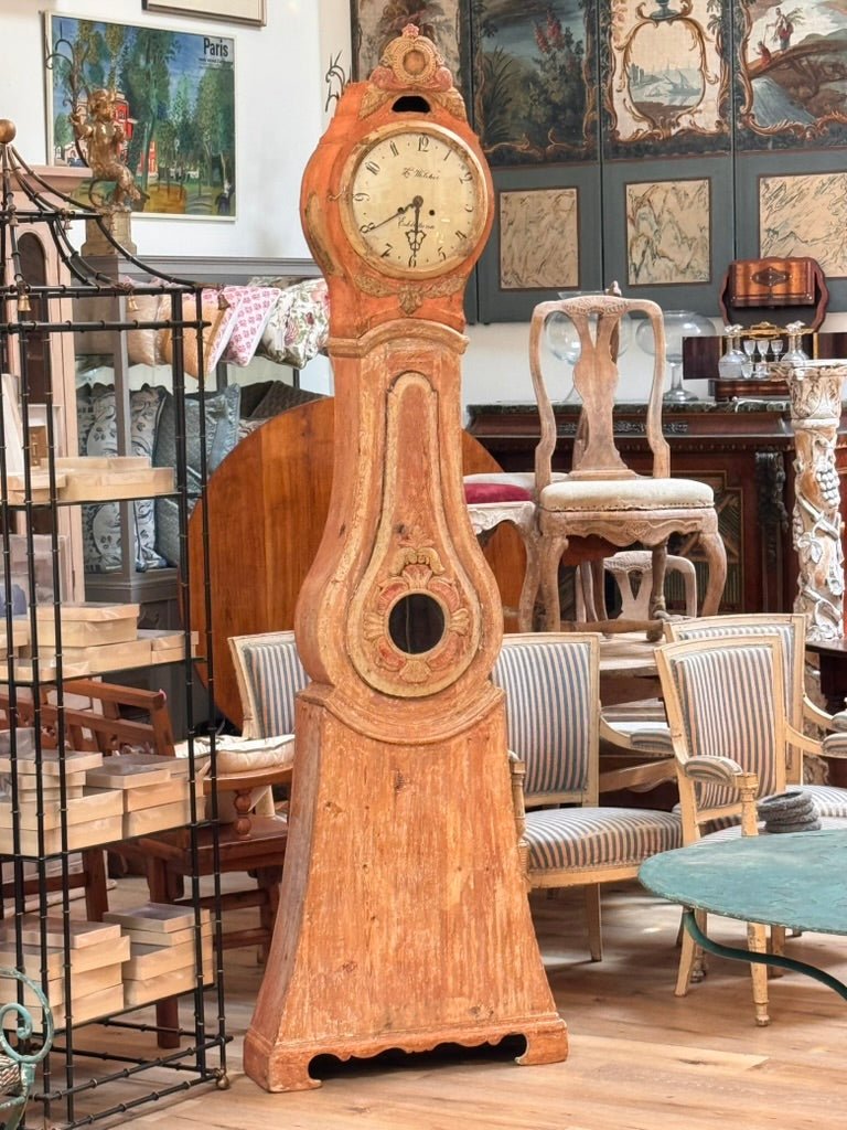 Swedish Mora clock have carving and elegant lyre - form case - Helen Storey Antiques