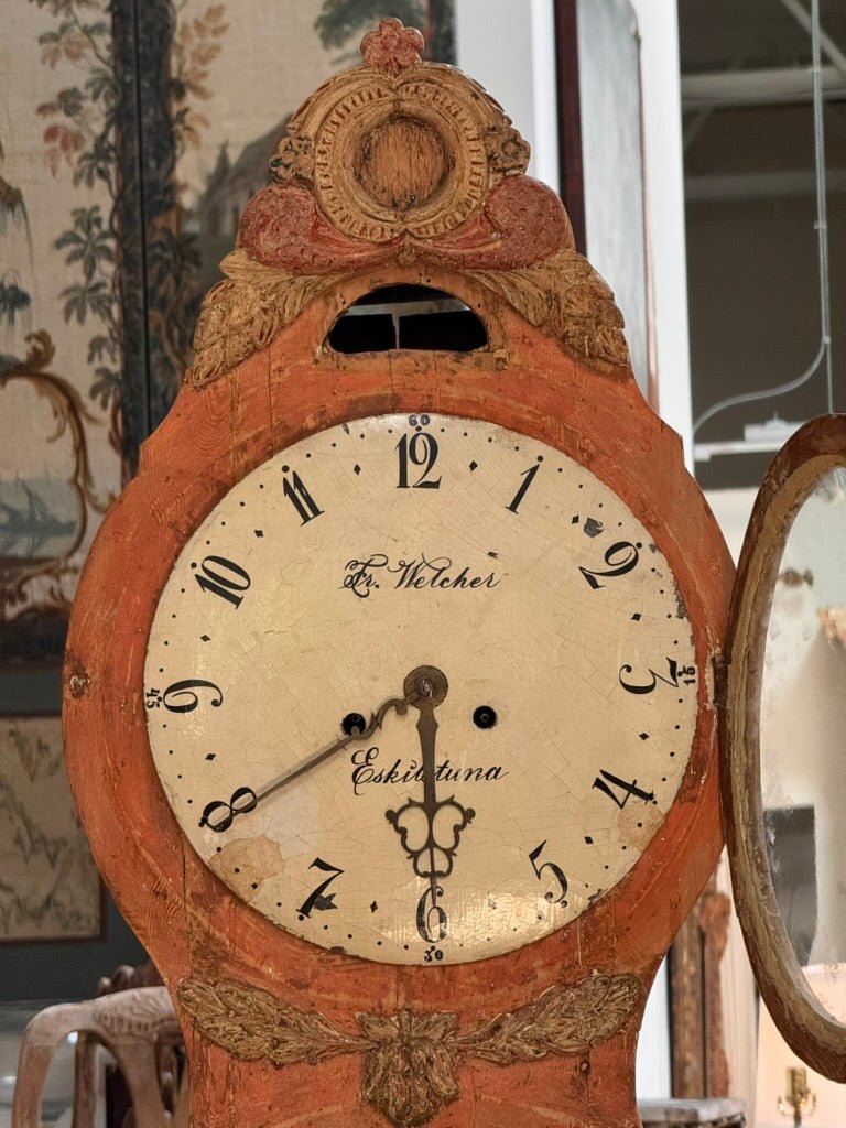 Swedish Mora clock have carving and elegant lyre - form case - Helen Storey Antiques