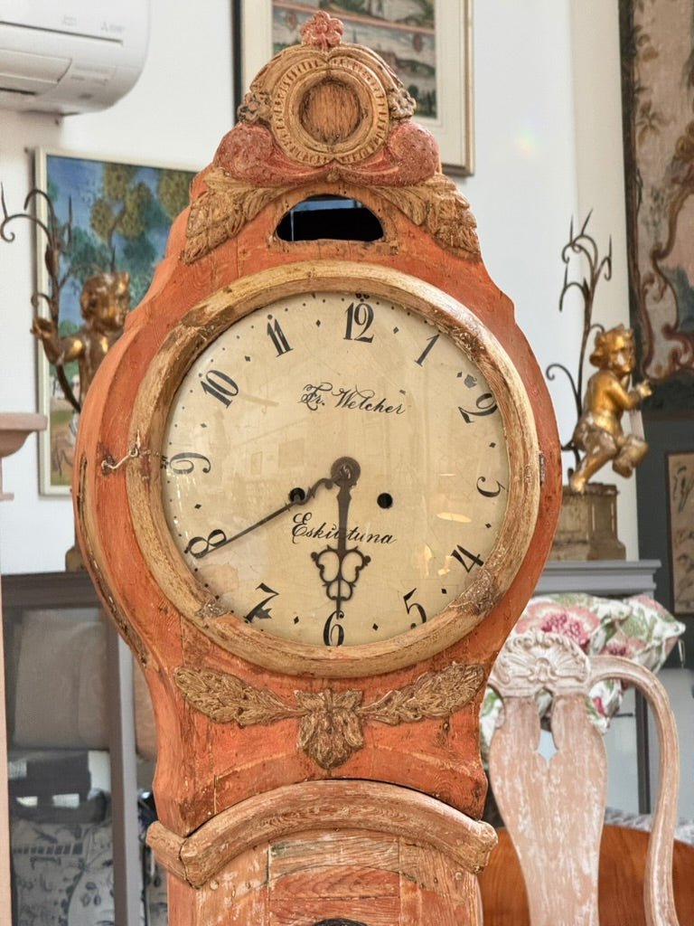 Swedish Mora clock have carving and elegant lyre - form case - Helen Storey Antiques
