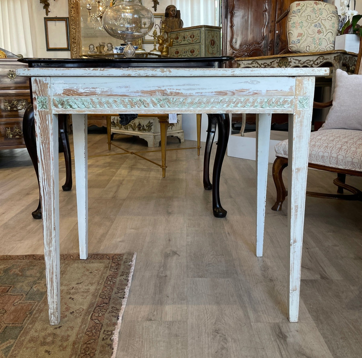 Swedish Side Table, White with Carving and Blue Accents, 19th Century - Helen Storey Antiques