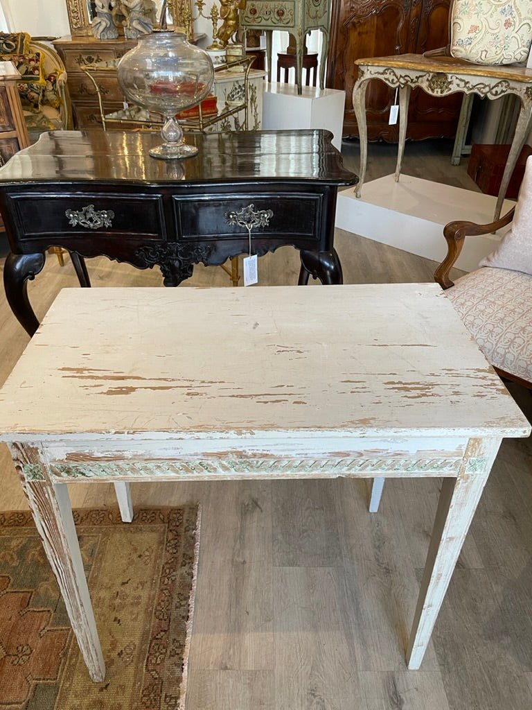 Swedish Side Table, White with Carving and Blue Accents, 19th Century - Helen Storey Antiques