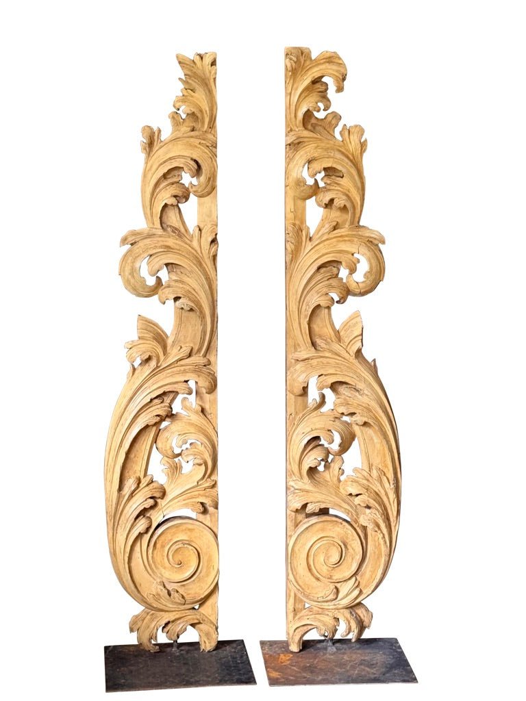 Tall carved, gilded fragments, French, on stands