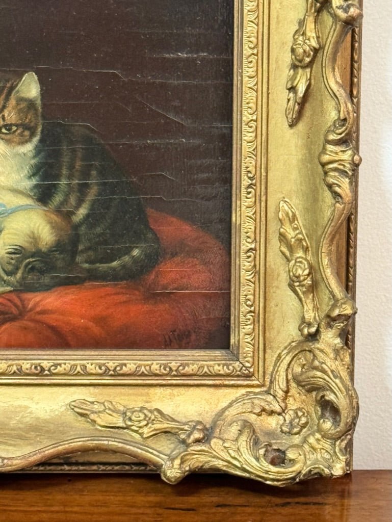 Two Pugs and a Cat 19th Century Oil Painting - Helen Storey Antiques