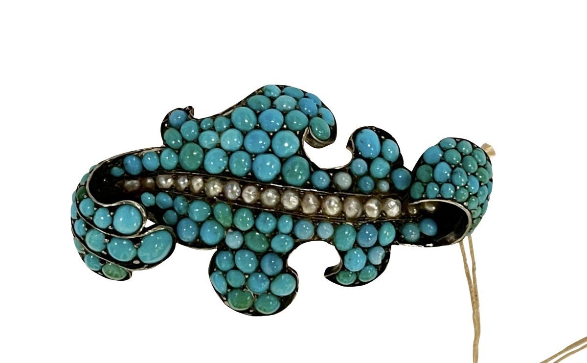 Victorian Leaf-Form Brooch with Turquoise & Pearls