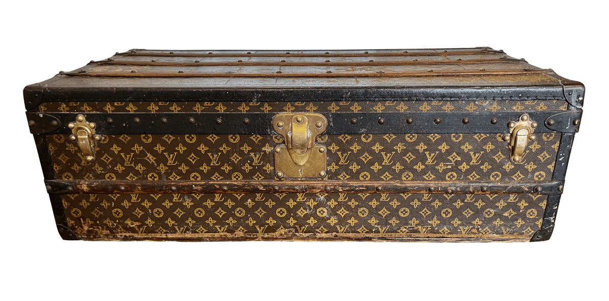 VINTAGE LOUIS VUITTON WOOD &amp; METAL STRAPPED HINGE - TOP STEAMER TRUNK - Helen Storey Antiques