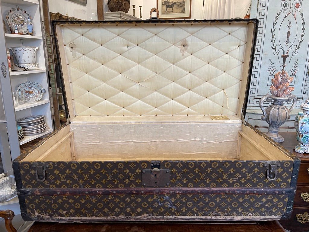 VINTAGE LOUIS VUITTON WOOD &amp; METAL STRAPPED HINGE - TOP STEAMER TRUNK - Helen Storey Antiques