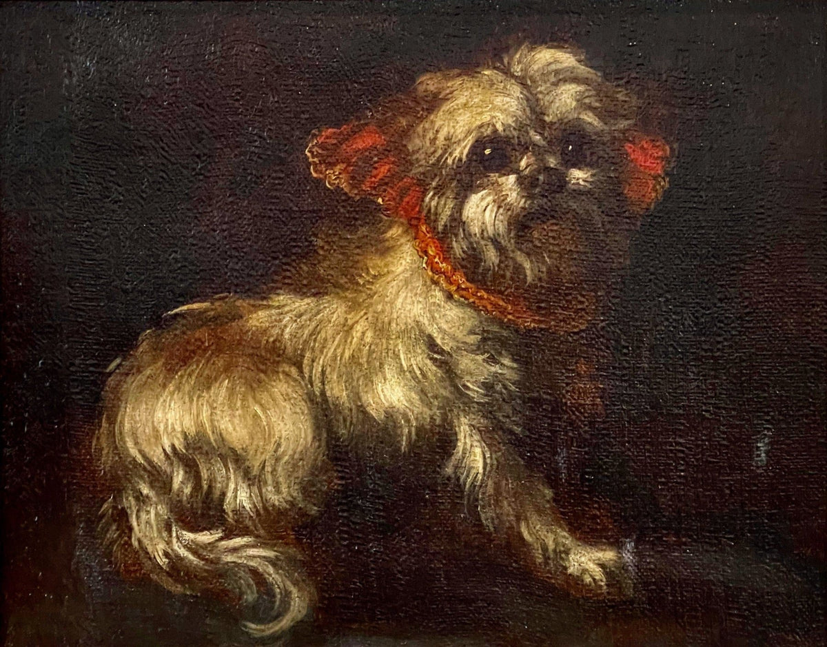 WHITE DOG WITH RED BOW, OIL ON CANVAS, FRANCE - Helen Storey Antiques