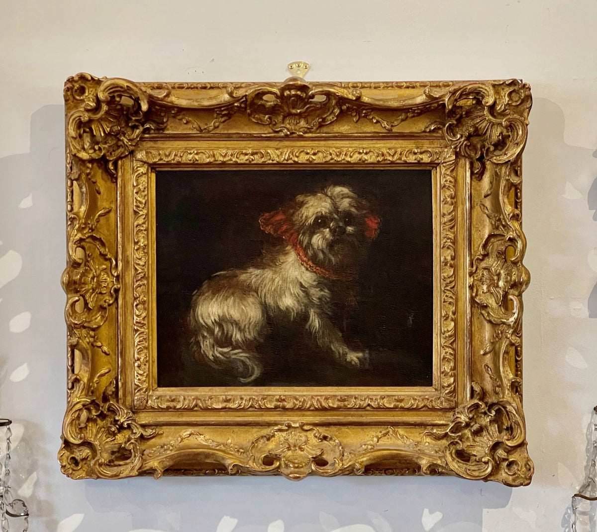 WHITE DOG WITH RED BOW, OIL ON CANVAS, FRANCE - Helen Storey Antiques