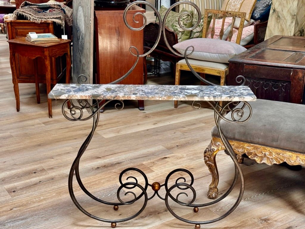 Wrought Iron Marble Top Console Table - Helen Storey Antiques