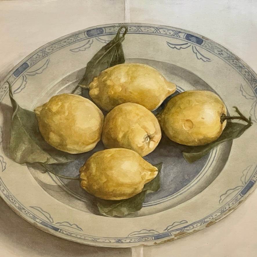 Fine watercolor of lemons on Delft plate by contemporary Dutch artist