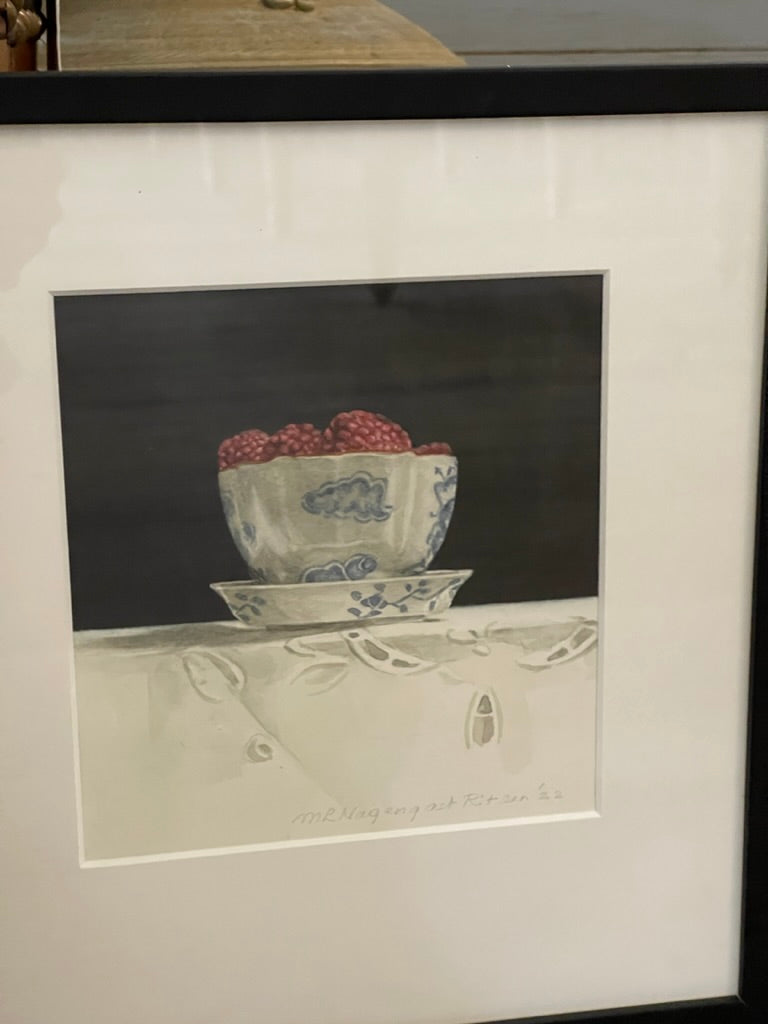Still Life Watercolor of Raspberries in a Chinese bowl