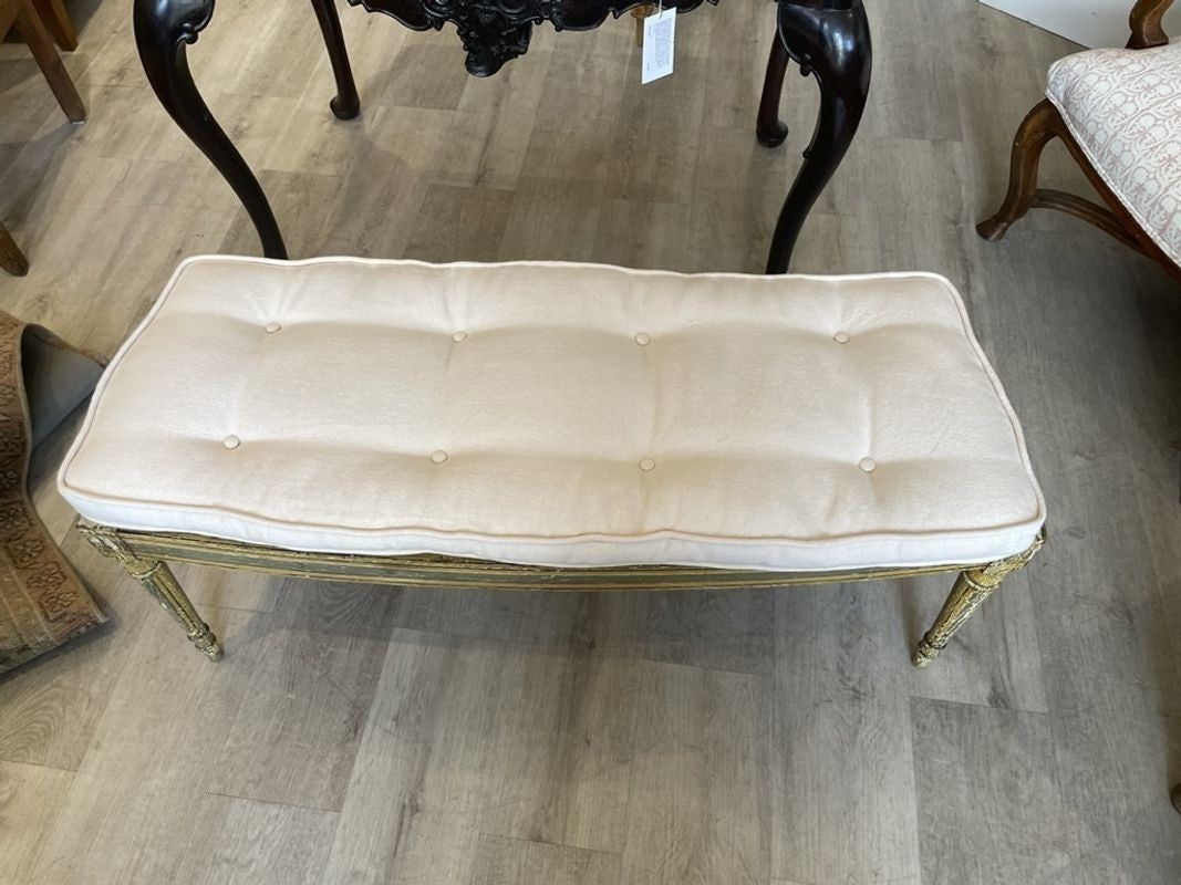 French Painted &amp; Caned Window Bench With Upholstered Cushion