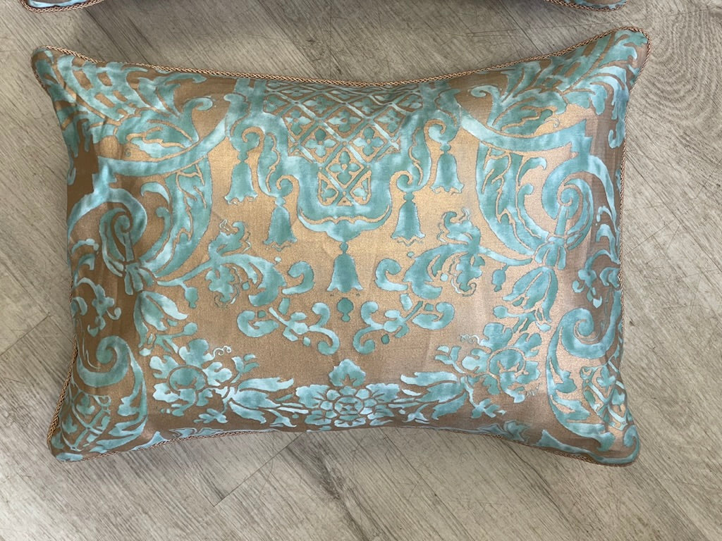 Pair of brilliant turquoise and gold Fortuny Pillows