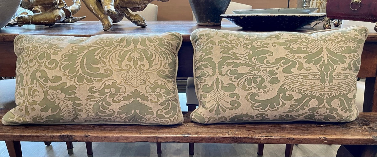 PAIR OF OLIVE GREEN &amp; CREAM COTTON FORTUNY PILLOWS