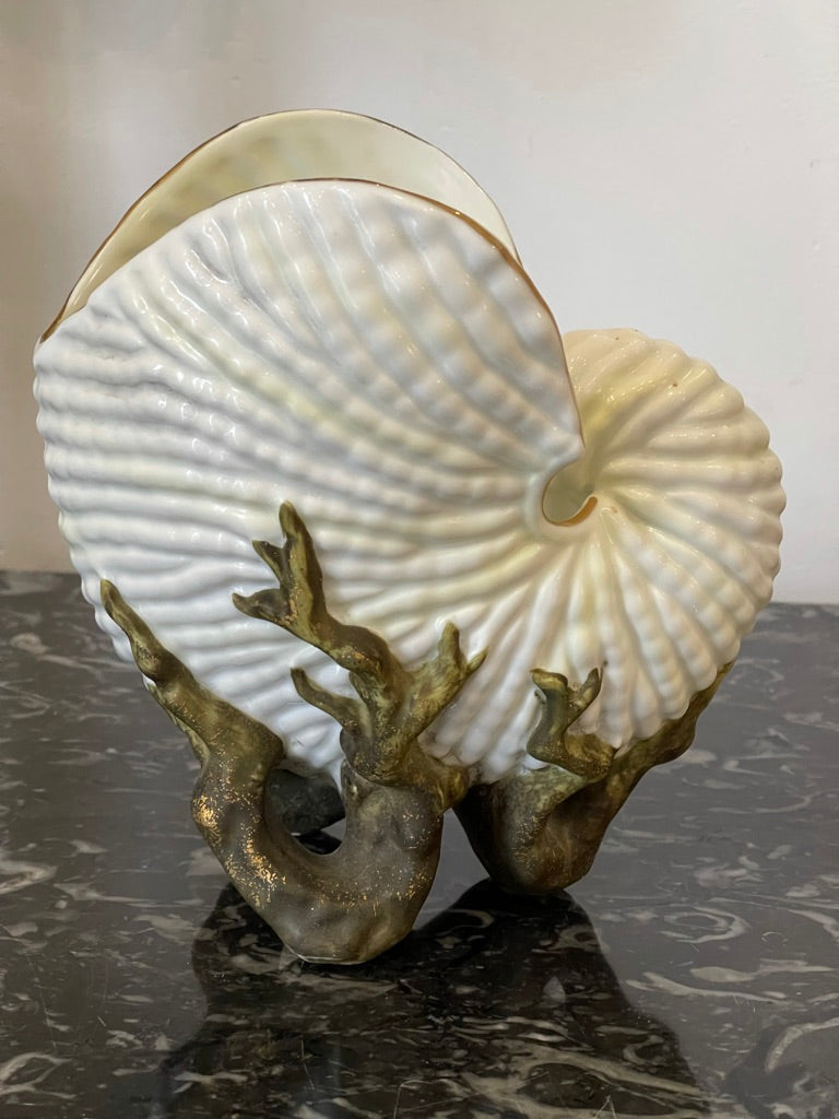 LATE 19TH CENTURY Lizard on Nautilus with PAIR OF PORCELAIN NAUTILUS SHELL VASES