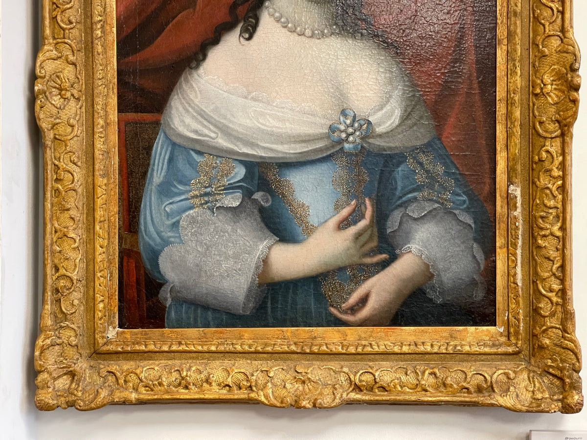 Fine 17th Century Portrait of a woman in blue with pearls