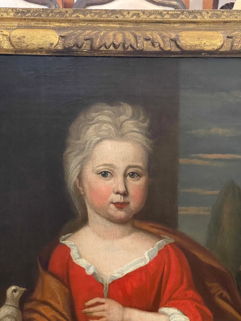18TH CENTURY OIL PORTRAIT OF A CHILD WITH A DOVE