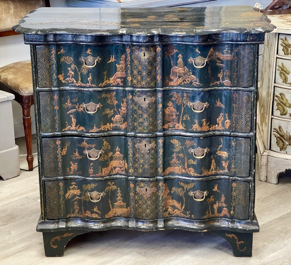 A Dutch Rococo Brass-Mounted Gilt and Black-Japanned Chest of Drawers, Circa 1740