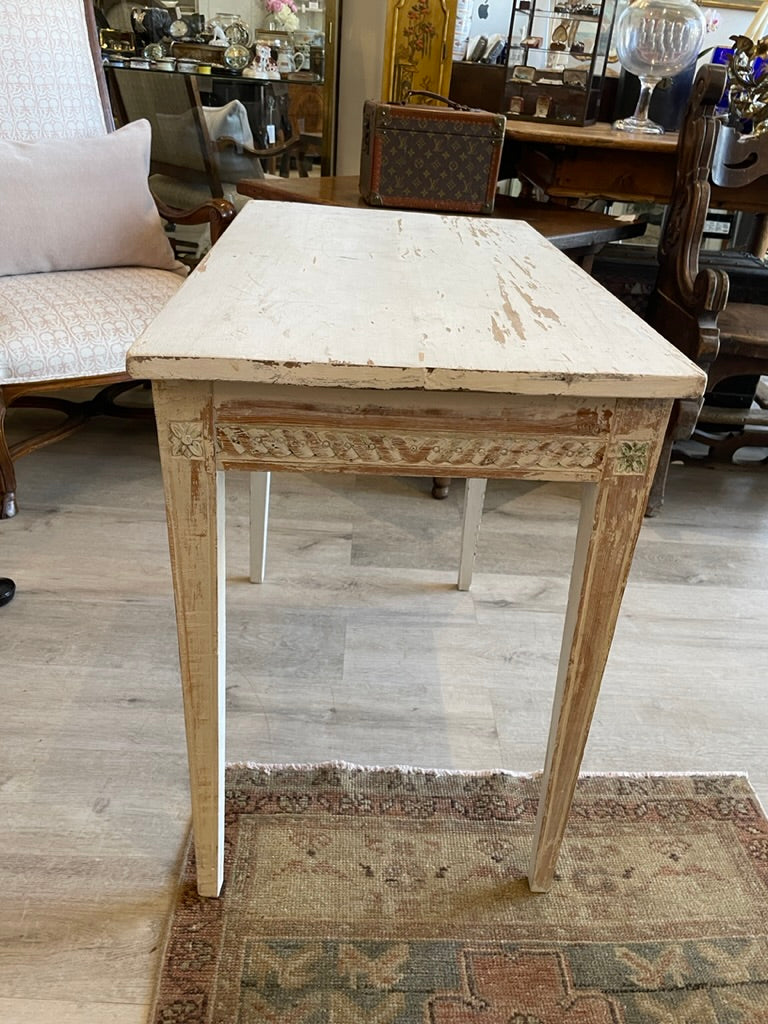 Swedish Side Table, White with Carving and Blue Accents, 19th Century