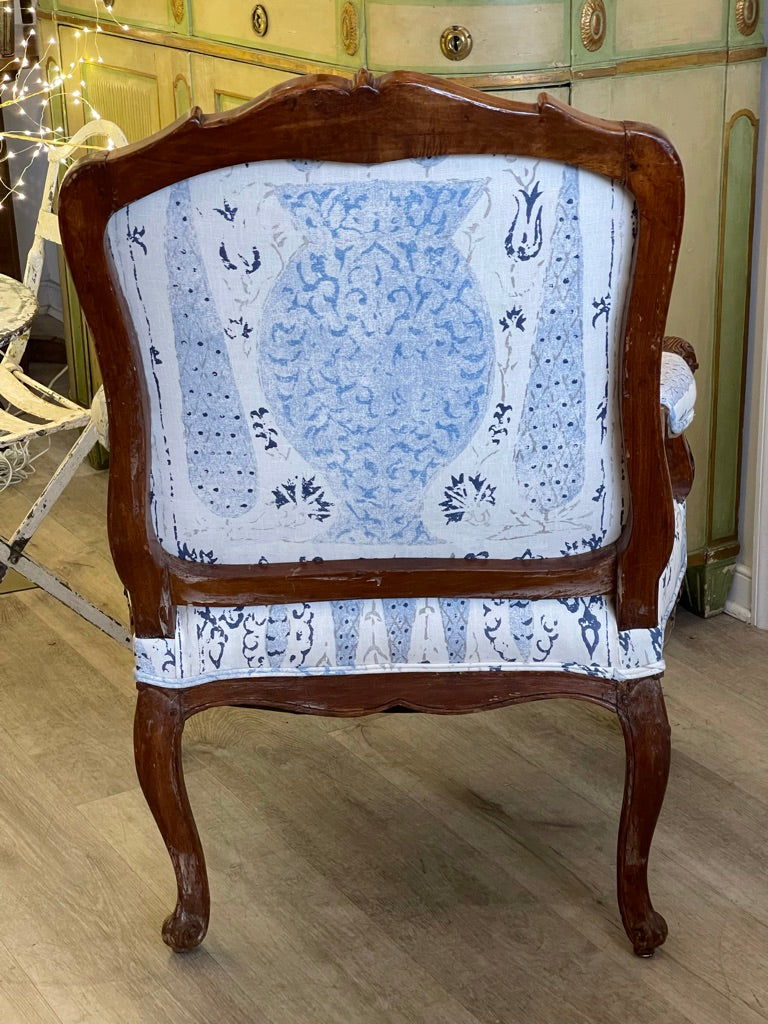 18TH CENTURY LOUIS XV PERIOD CARVED BEECHWOOD FAUTEUIL, NEWLY UPHOLSTERED