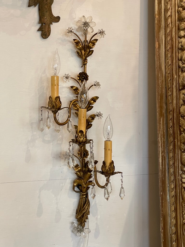 Pair of French gilt tole wall sconces, electrified