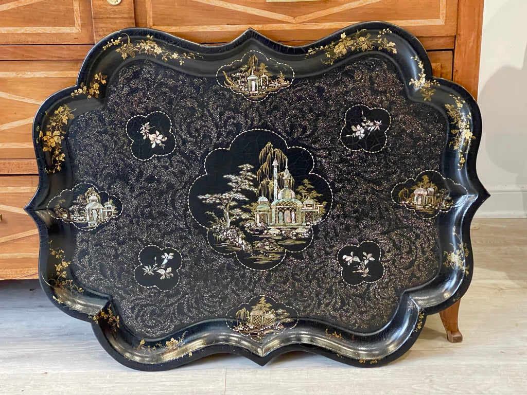 19TH CENTURY FRENCH PAPIER MACHE TRAY, Chinoiserie, WITH MOTHER OF PEARL